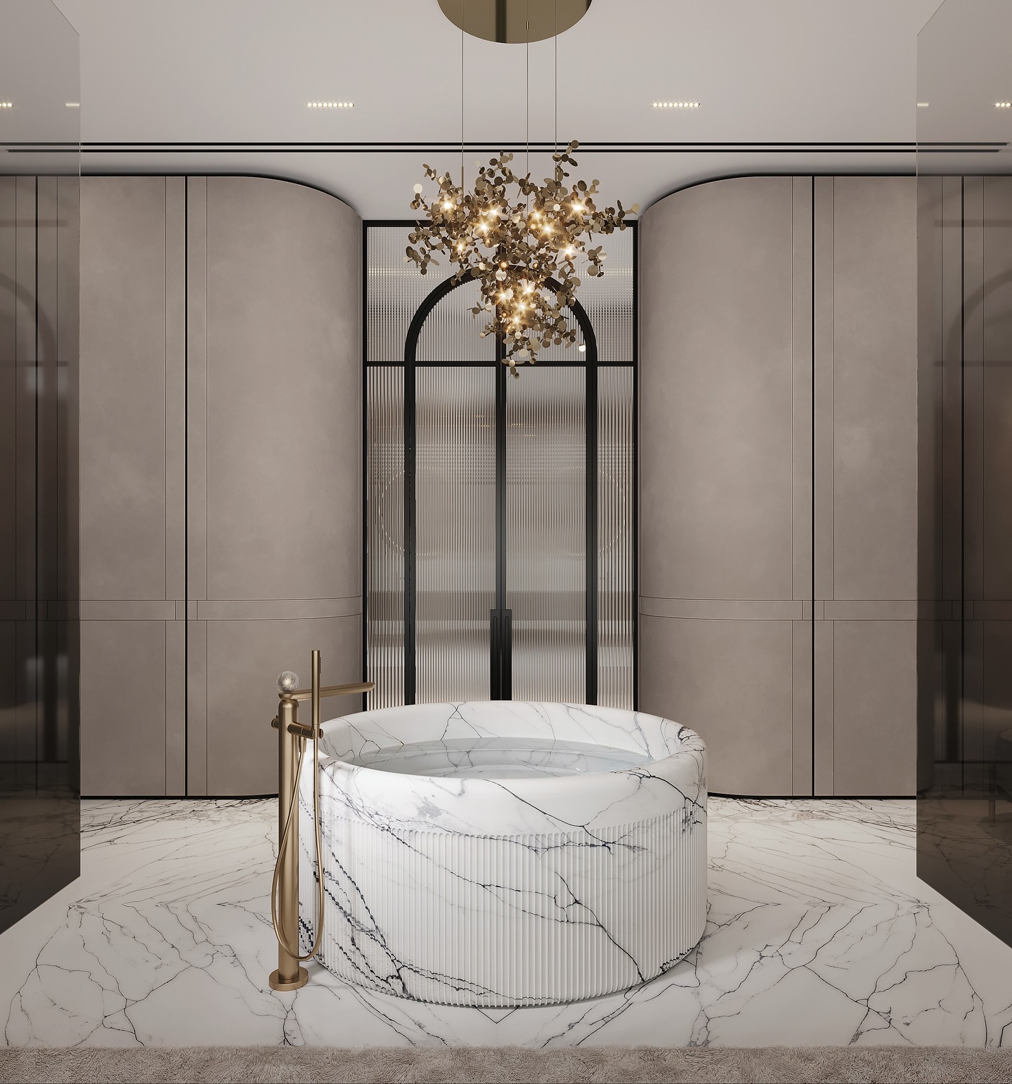 This interior by Bolshakova Studio reflects the essence of calm sophistication.
 Marble surfaces, soft lighting, and mountain views merge into a perfectly balanced composition.
Golden details and sculptural forms highlight the elegance of the space, while natural tones and textures create a feeling of harmony and relaxation.

Team: @natalybolshakova @andrii.shuliak
 @kalinina_iryna_ukraina  @olha_drachuk  @olga_boyko_n

Furniture:
Chandelier: @terzanilight 
Sink and shower faucets: @gessi_official 
Toilet and bidet: @ceramica_cielo 
Towel holder at the bidet and towel rack in the shower: @antoniolupidesign 
Pouf: @vittoria_frigerio

#BolshakovaStudio #LuxuryInteriors #SpaBathroom #InteriorDesign #TimelessElegance #WellbeingDesign