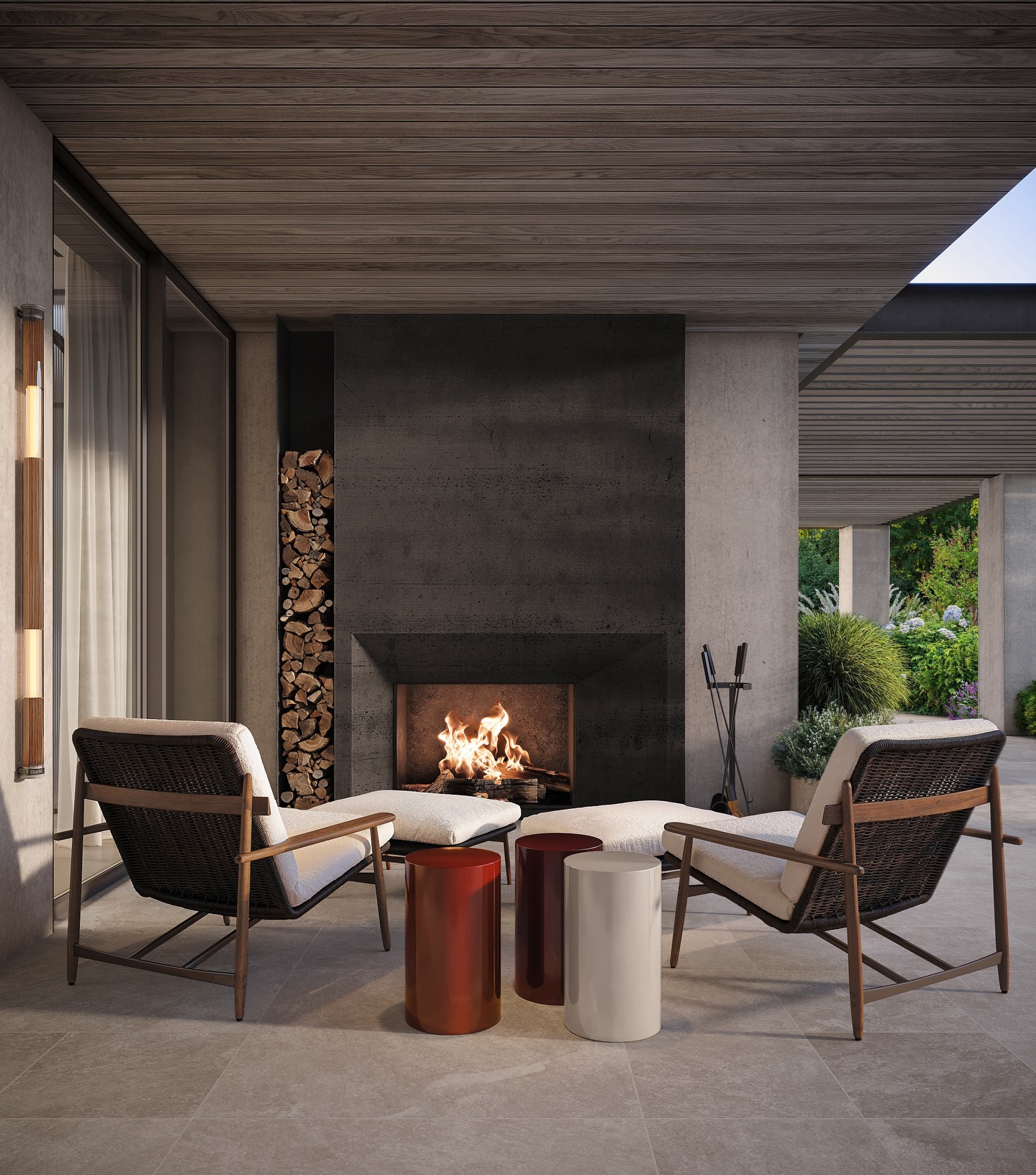 A space where silence becomes part of the design.

Natural textures, soft light, and grounded tones create an atmosphere that feels both calm and intentional. Wood, stone, and greenery come together in a dialogue of warmth and restraint — nothing excessive, yet every detail speaks.

The fireplace anchors the space, turning it into a place for slow moments, conversations, and presence. While the outdoor lounge invites you to pause, to breathe, to simply be.

Contact us:
welcome@bolshakovastudio.com
www.bolshakovastudio.com