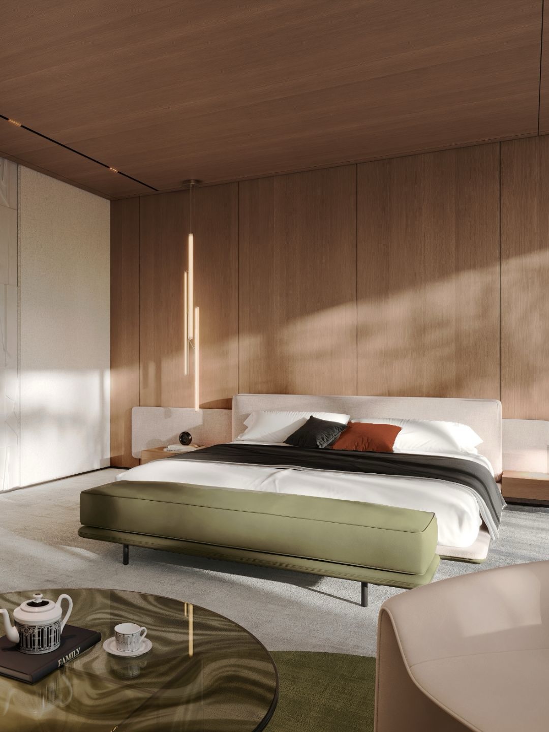 A master bedroom designed as a calm, immersive retreat — where warm natural materials, soft textures and carefully framed views create a seamless connection with the surrounding forest.

The extensive glazing brings nature into the interior, while the warm wood ceiling and wall panels create a sense of intimacy and continuity. Sculptural furniture, muted olive accents and a restrained palette add character without competing with the architecture.

A bedroom designed not just to sleep, but to slow down, reconnect and breathe.

—

Team:
@natalybolshakova @andrii.shuliak
@kalinina_iryna_ukraina @olha_drachuk @diloyan.e @matskevychlera

Architecture:
@vivas_architectural_bureau @vitaliy_vasyagin

Contact us:
welcome@bolshakovastudio.com
www.bolshakovastudio.com