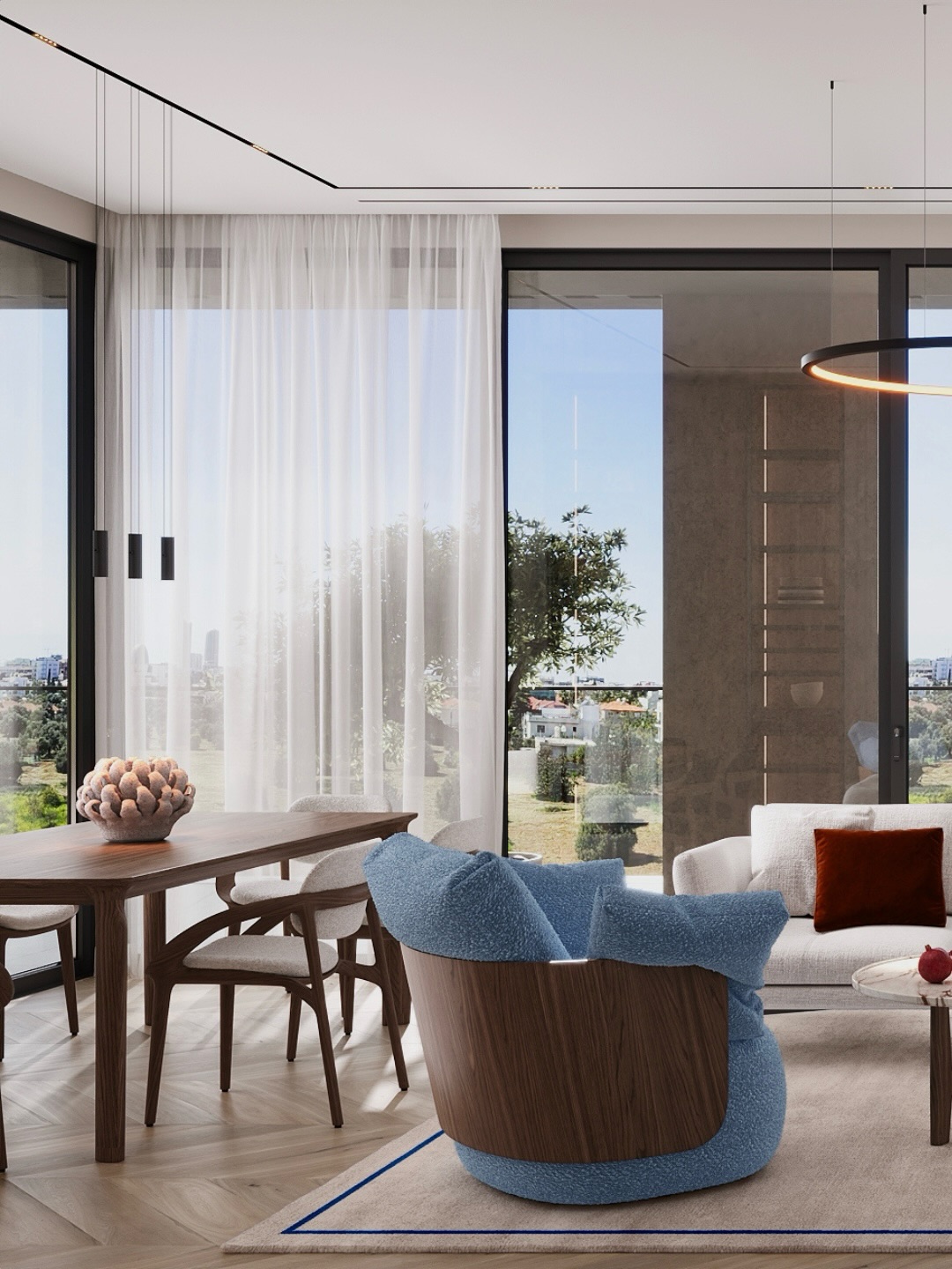A living room designed around light, connection and quiet sophistication.

Warm natural tones, rich wood, soft textiles and carefully placed accents create a space that feels refined yet effortless. Floor-to-ceiling glazing brings the surrounding landscape into the interior, while every element — from the lighting to the bespoke furniture — is considered as part of one cohesive composition.

A space made not only to be seen, but to be lived in.

———

Contact us:
welcome@bolshakovastudio.com
www.bolshakovastudio.com